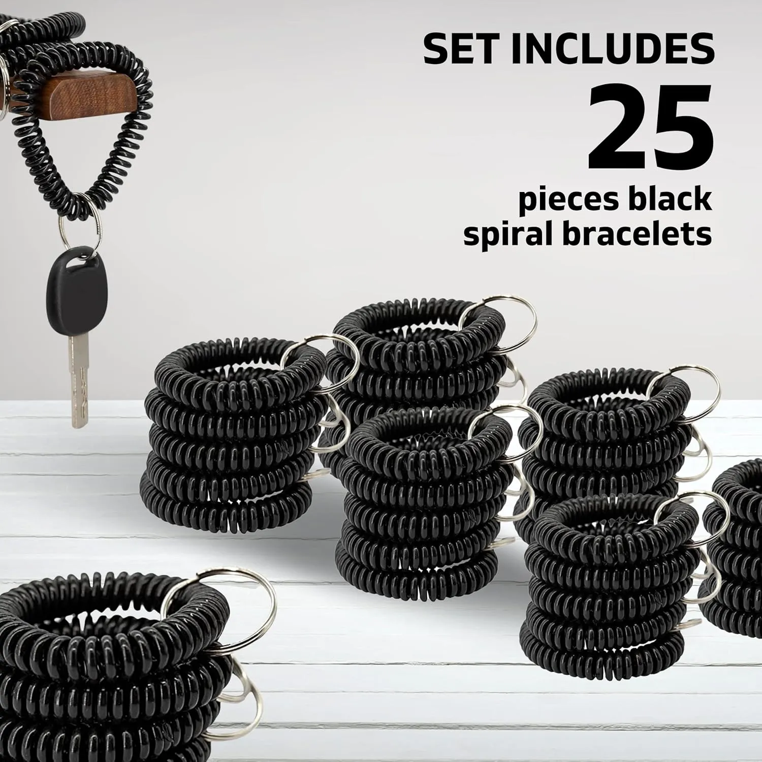 25PCS Keychain Wristlet Wrist Keychain Wristband Elastic Stretchable Spiral Bracelet Key Hook Key Holder for Gym Pool Spring Spiral Coil Black