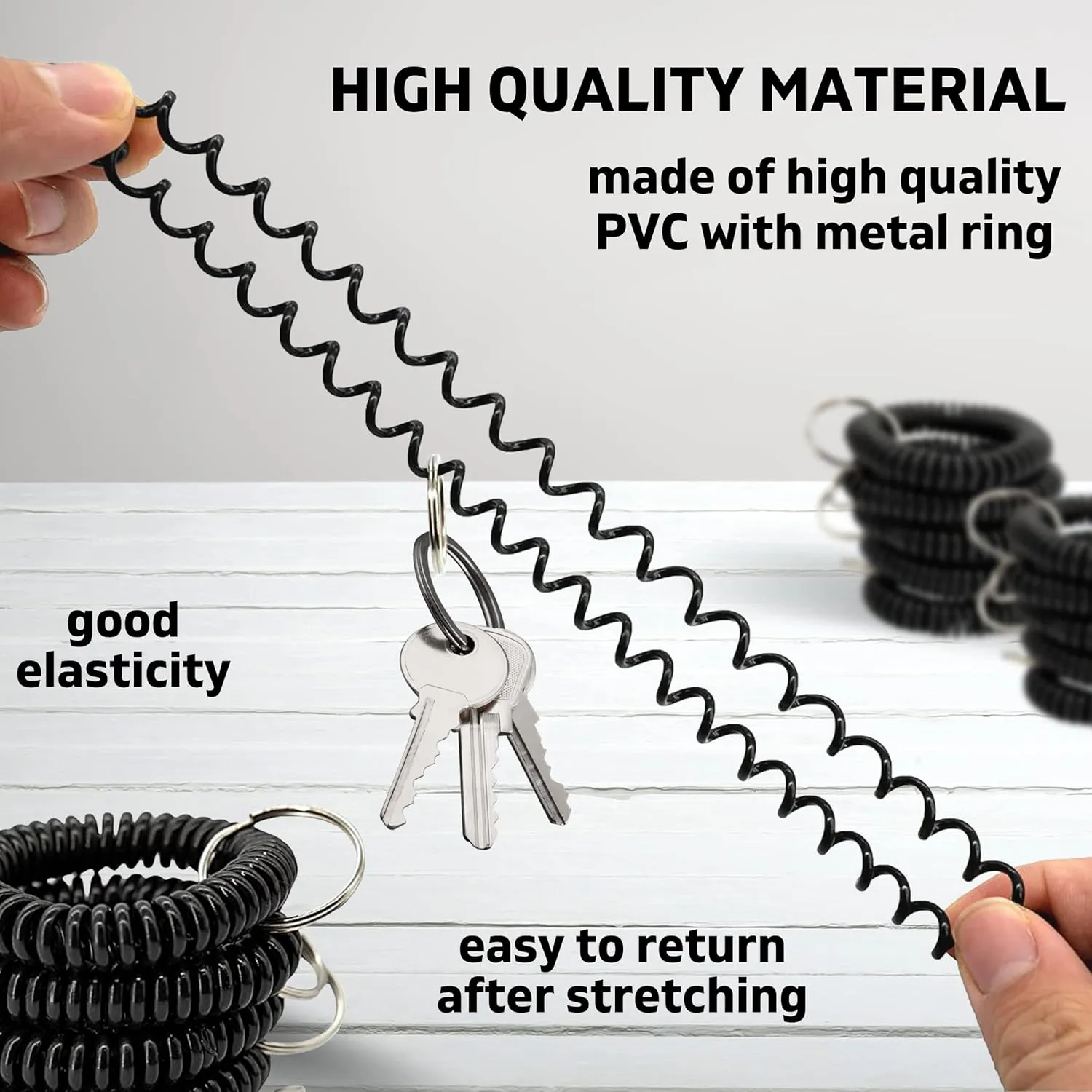 25PCS Keychain Wristlet Wrist Keychain Wristband Elastic Stretchable Spiral Bracelet Key Hook Key Holder for Gym Pool Spring Spiral Coil Black